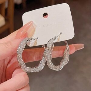 Silver Braided Hoop Earrings - Sparkling Silver Twist